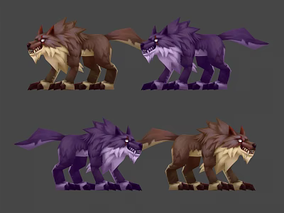 Cartoon Style Wolf Characters With Brown And Purple Fur In Different Poses 3d model