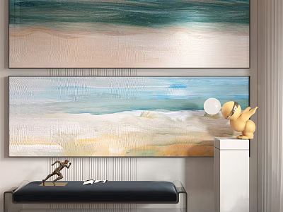 Modern Abstract Wall Art With Beach Scene And Yellow Dog Ornament In Living Room 3d model