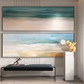 Modern Abstract Wall Art With Beach Scene And Yellow Dog Ornament In Living Room