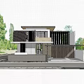 Modern Detached Villa Exterior With Wooden Facade Concrete Structure Garage And Lush Trees