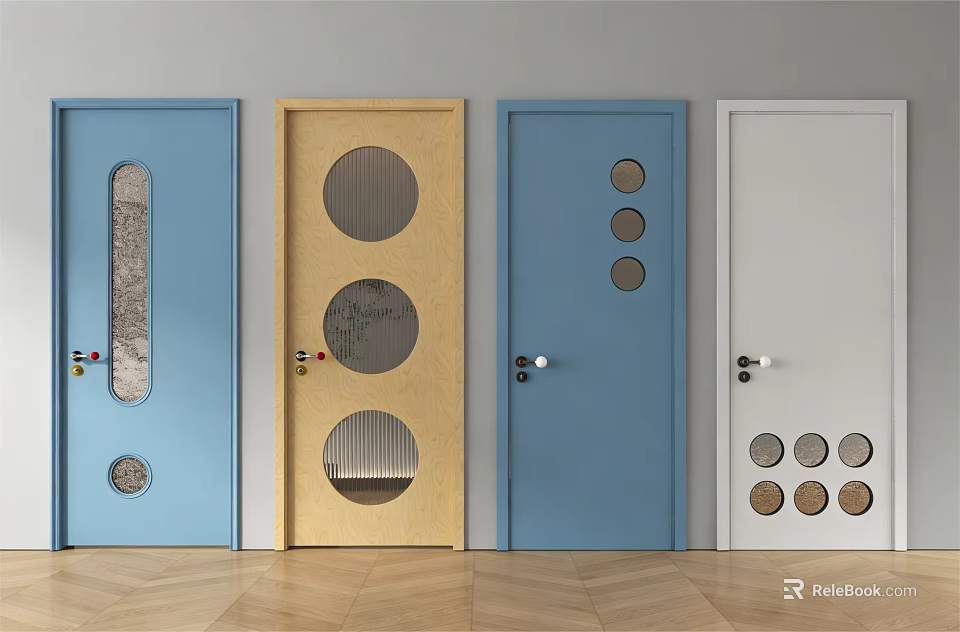 Colorful Hinged Doors With Circular Glass Windows On Wooden Floor And Gray Walls 3d model 