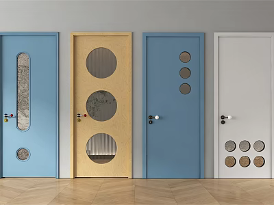 Colorful Hinged Doors With Circular Glass Windows On Wooden Floor And Gray Walls 3d model
