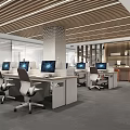 Modern Public Office Space With Open Workstations Wooden Ceiling And Glass Partitions 3d model