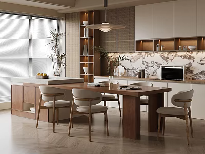 Middle Ancient Style Home Restaurant Kitchen Solid Wood Island Dining Table and Chair Combination Dining Chair Solid Wood Cabinet Kitchen Supplies 3d model