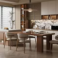 Modern Restaurant Interior With Dining Table Chairs Open Kitchen Marble Backsplash And Blinds 3d model
