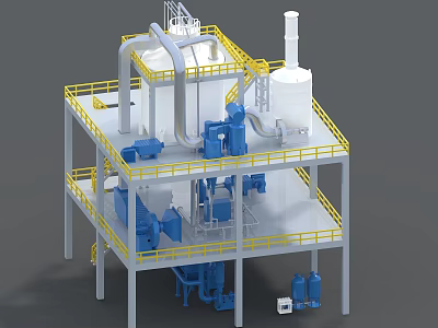 Industrial Processing Equipment System With Multi Level Platform Yellow Railings White Tanks And Blue Components 3d model