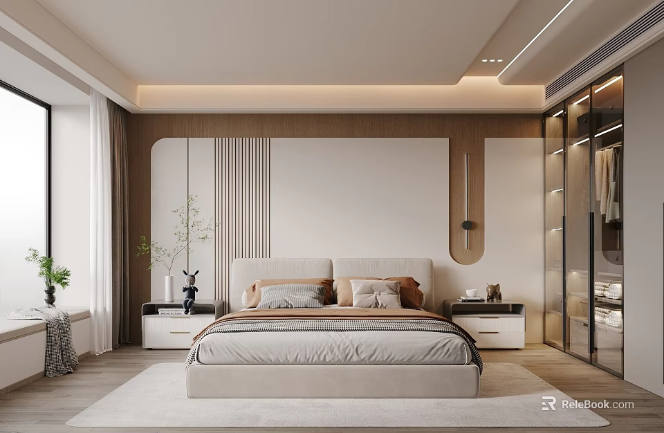 Modern Minimalist Bedroom Interior Design With Double Bed Headboard Wall Nightstands And Green Plant 3d model 
