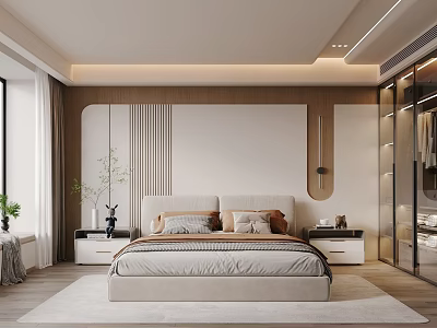 Modern Minimalist Bedroom Interior Design With Double Bed Headboard Wall Nightstands And Green Plant 3d model