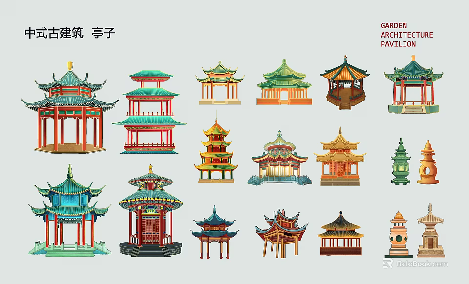 Colorful Traditional Ancient Chinese Architecture Pavilion Themed Wall Decor Designs for Home Interior 3d model 