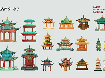 Colorful Traditional Ancient Chinese Architecture Pavilion Themed Wall Decor Designs for Home Interior 3d model
