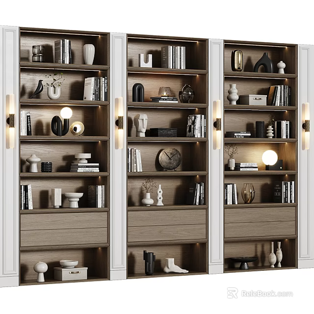 Modern Bookcase With White Frame Shelves Books Decorative Items And Wall Lamps 3d model 