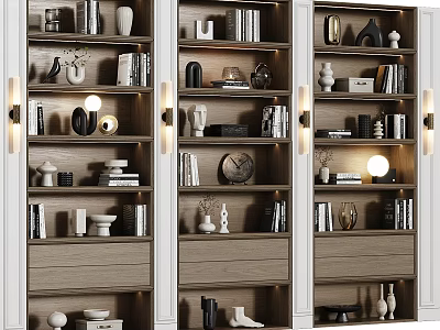 Modern Bookcase With White Frame Shelves Books Decorative Items And Wall Lamps 3d model