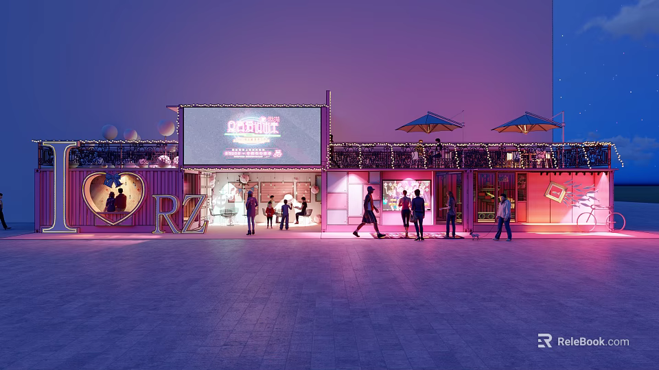 Pink Container Building With Large Wonderland Screen And People In Evening Plaza 3d model 