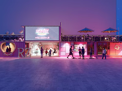 Pink Container Building With Large Wonderland Screen And People In Evening Plaza 3d model
