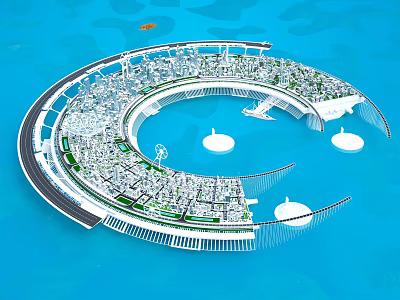 Modern Circular Urban Architecture Model With Green Spaces And Waterfront Design 3d model