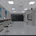 Modern Laboratory Interior with Long Lab Tables Computers Windows Outdoor View and Cabinets 3d model