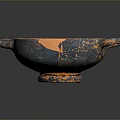 Ancient Hand Carved Clay Bowl Sculpture With Two Handles Deep Blue Orange Textured Surface