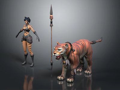 Female Warrior In Leather Armor With Fierce Tiger Standing Near Spear On Dark Background 3d model