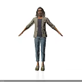 Man With Long Hair Wearing Beige Jacket Gray T-shirt Blue Pants Beige Shoes Arms Outstretched
