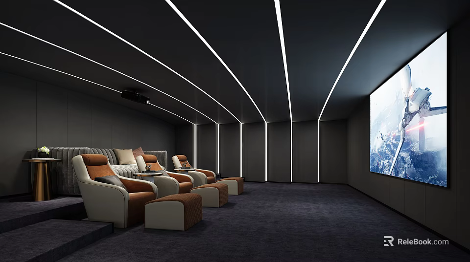 Modern Home Theater Interior Design With Luxury Seating Large Screen And Linear Lighting 3d model