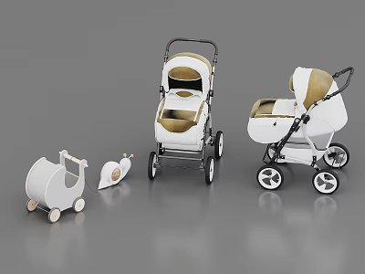 Three Baby Strollers With Toy Cart And Accessory In White Beige Design 3d model