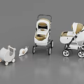 Three Baby Strollers With Toy Cart And Accessory In White Beige Design