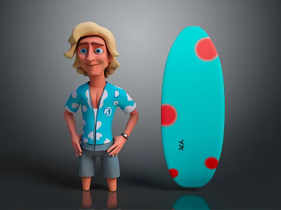 Cheerful Cartoon Male Character With Blonde Hair Blue Shirt Shorts And Red Dots Surfboard 3d model
