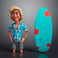 Cheerful Cartoon Male Character With Blonde Hair Blue Shirt Shorts And Red Dots Surfboard