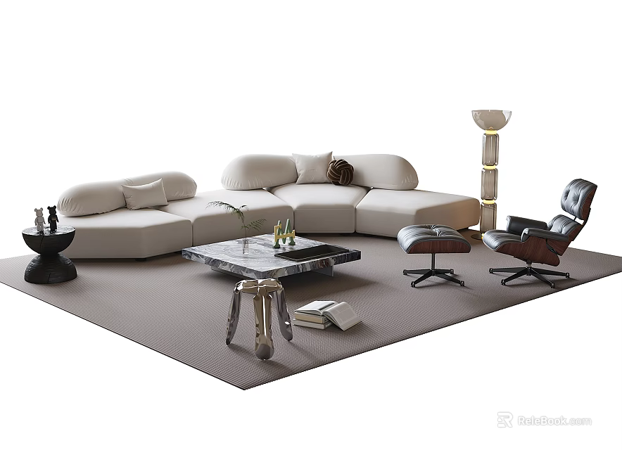 Modern Living Room Sofa And Coffee Table Set With Floor Lamp Accent Chair And Decor Rug 3d model 