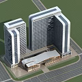 Modern Twin Office Towers Architectural Design With Surrounding Greenery And Road Access