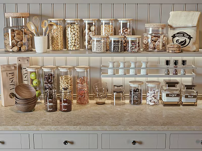 Ceramic Vessels For Kitchen Storage With Nuts Beans Spices On Shelves 3d model