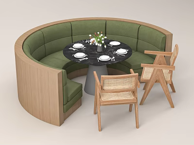Green Curved Sectional Sofa With Round Black Marble Dining Table And Wooden Rattan Chairs 3d model