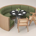 Green Curved Sectional Sofa With Round Black Marble Dining Table And Wooden Rattan Chairs