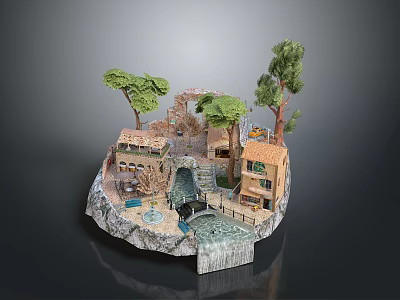 Miniature Village Scene With Traditional Houses Trees Waterfall And Small Pool 3d model