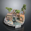 Miniature Village Scene With Traditional Houses Trees Waterfall And Small Pool