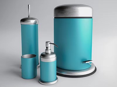 Household Dishwashing Supplies With Blue Bottles Trash Can And Silver Accents 3d model