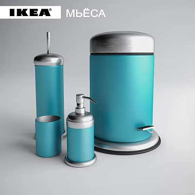 Household Dishwashing Supplies With Blue Bottles Trash Can And Silver Accents 3d model