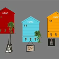 Colorful House Shaped Wall Mounted Hooks With HOME Lettering And Decorative Plants