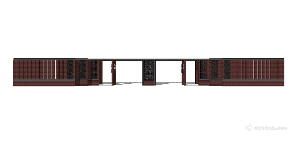 Traditional Entrance Gate Design With Red Brick Walls And Decorative Columns 3d model 