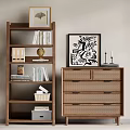Wooden Storage Shelves and Cabinet Featuring Rattan Drawers Books Picture Frames and Decorative Items