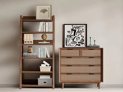Wooden Storage Shelves and Cabinet Featuring Rattan Drawers Books Picture Frames and Decorative Items 3d model