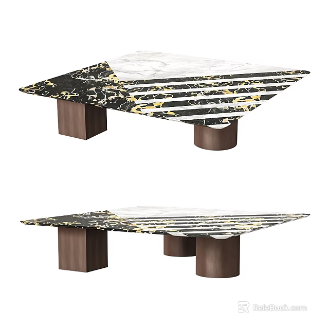 Modern Coffee Table With Striped Marble Top And Wooden Cylindrical Legs 3d model 