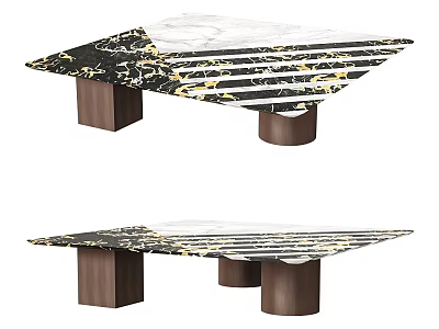 Modern Coffee Table With Striped Marble Top And Wooden Cylindrical Legs 3d model