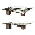Modern Coffee Table With Striped Marble Top And Wooden Cylindrical Legs