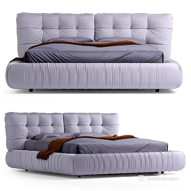 Modern Double Bed With Tufted Headboard Pleated Frame And Gray Brown Linens 3d model