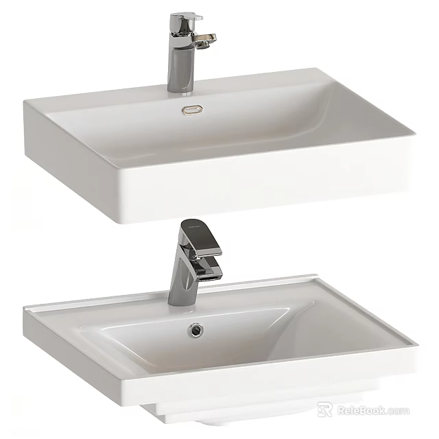 Two Modern White Washbasin Designs With Square Shape And Chrome Faucets 3d model
