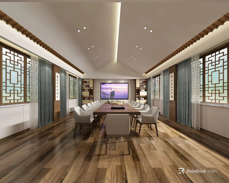 Chinese Style Conference Room Interior With Wooden Flooring Long Table And Lattice Windows 3d model 