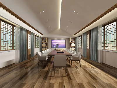 Chinese Style Conference Room Interior With Wooden Flooring Long Table And Lattice Windows 3d model
