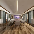 Chinese Style Conference Room Interior With Wooden Flooring Long Table And Lattice Windows