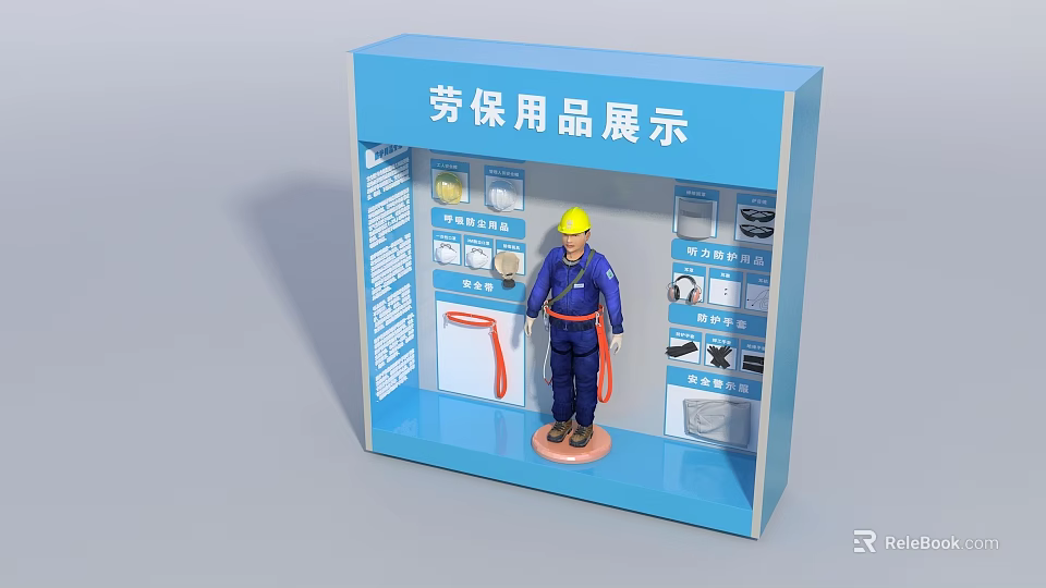 Blue Background Wall For Labor Protection Supplies Display Featuring Worker Figure Safety Gear And Illustrations 3d model 